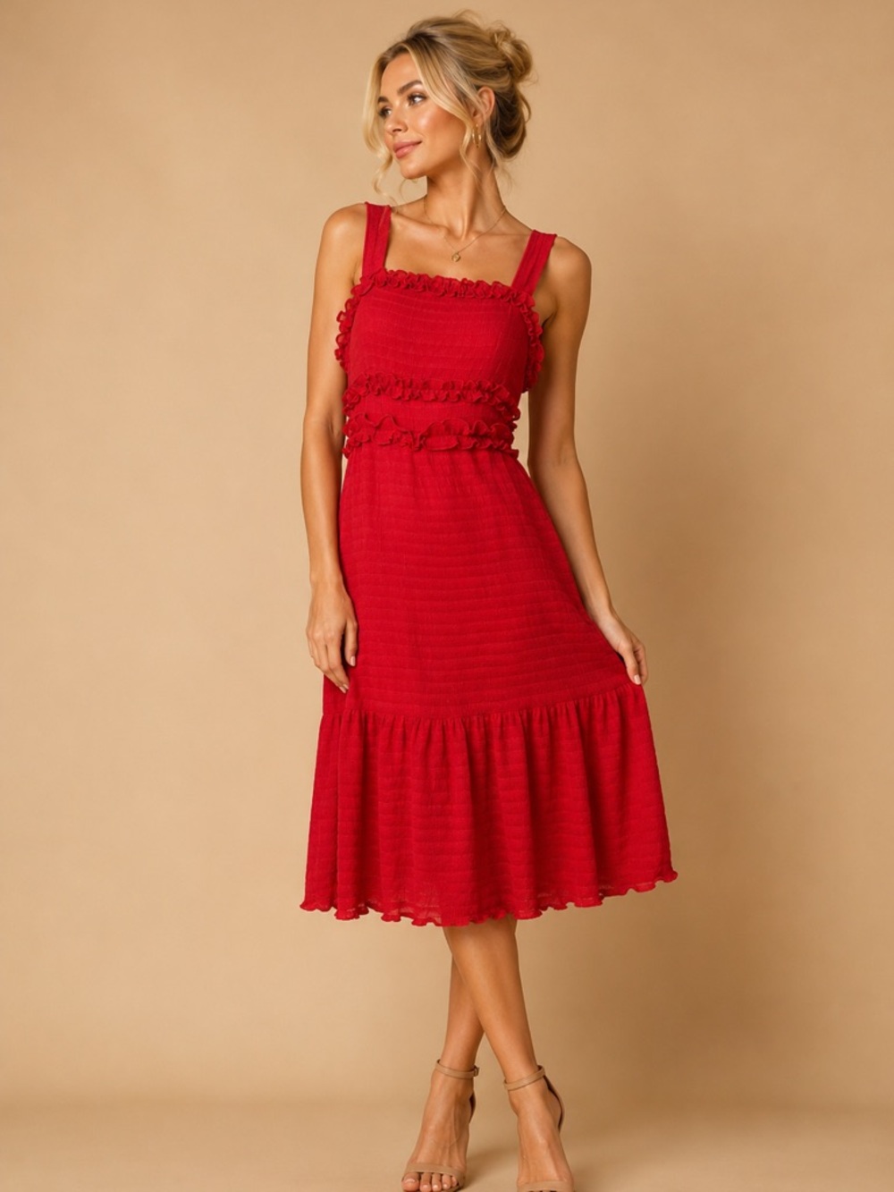 Gianni Bini Scarlet Chiffon Red Ruffle Midi Dress NEW Size Small
